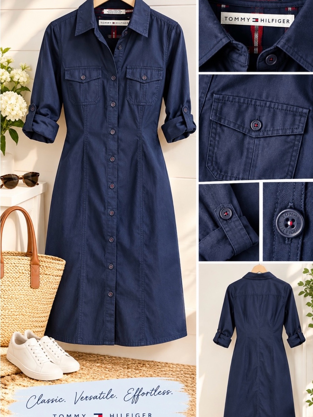 Tommy Hilfiger Navy Button-Front Midi Shirt Dress